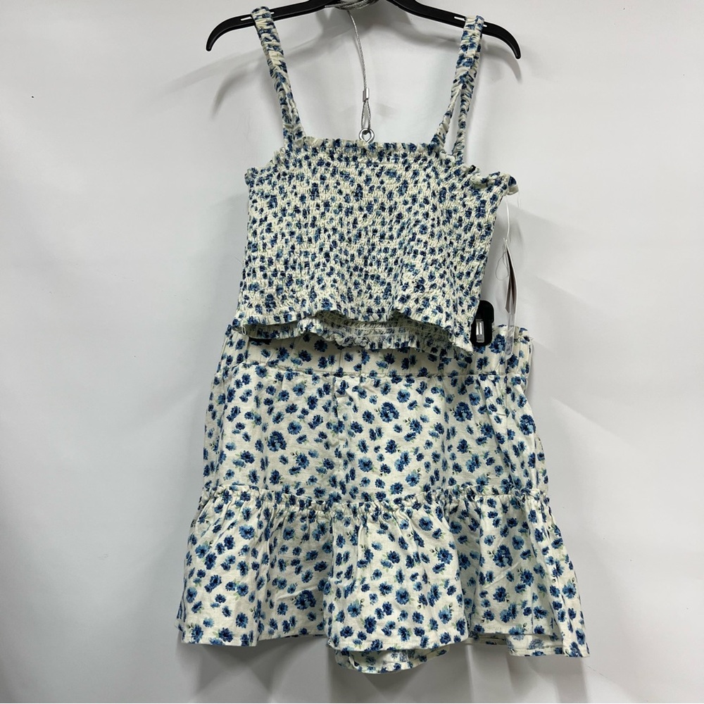 NWT Juniors Floral-Print 2 piece skirt short set Size XL linen blend smocked top